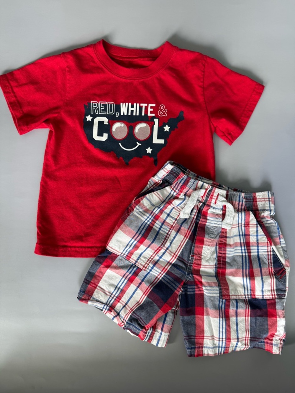 💜3/$15 Boys 4th of July Outfit - "Red, White & Cool" Tee & Plaid Shorts Set- 3T